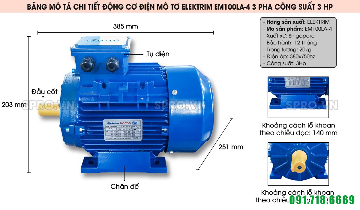 Cấu tạo động cơ điện motor Elektrim EM100LA-4 3 pha công suất 3 HP