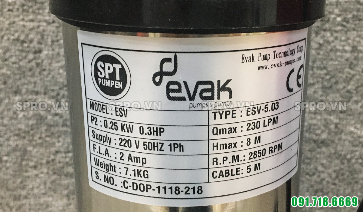 Thông số bơm chìm nước thải Evak ESV-5.03 0.25 KW