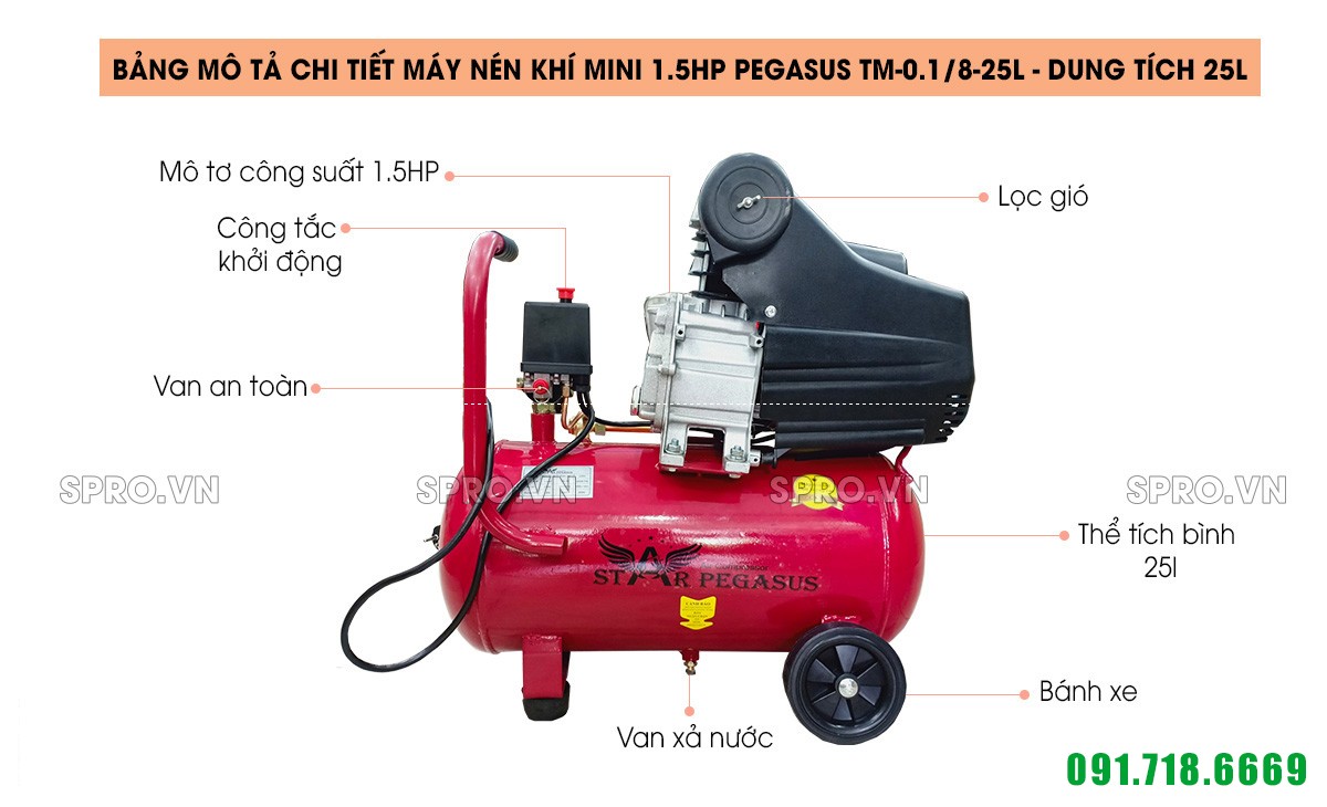 Máy nén khí mini 1.5HP Pegasus TM-0.1/8-25L - Dung tích 25L