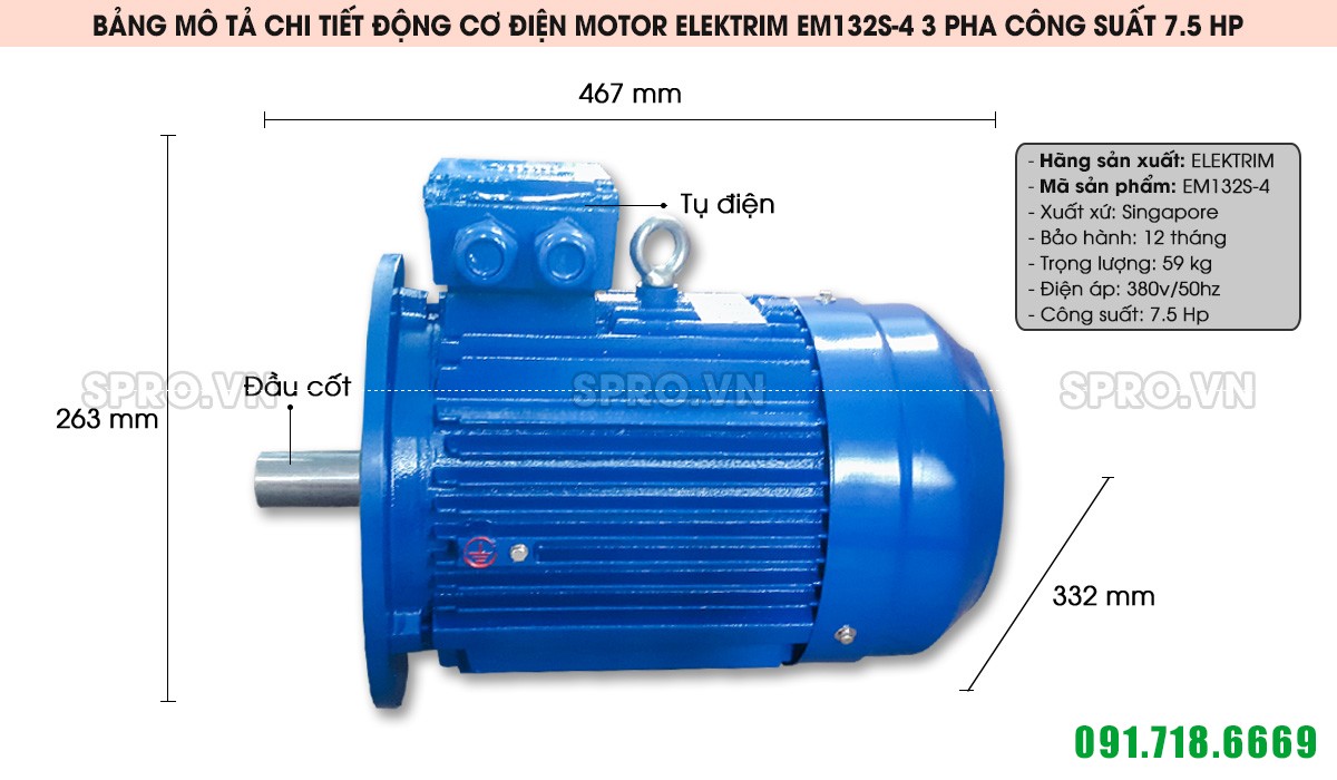 Cấu tạo động cơ điện motor Elektrim EM132S-4 3 pha công suất 7.5 HP