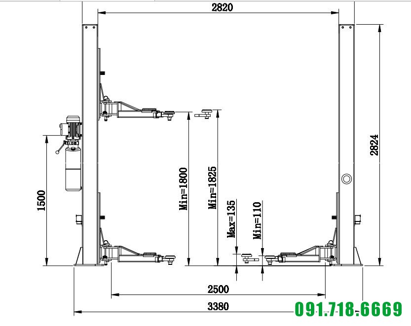 Kích thước cầu nâng 2 trụ giằn dưới NK4000A