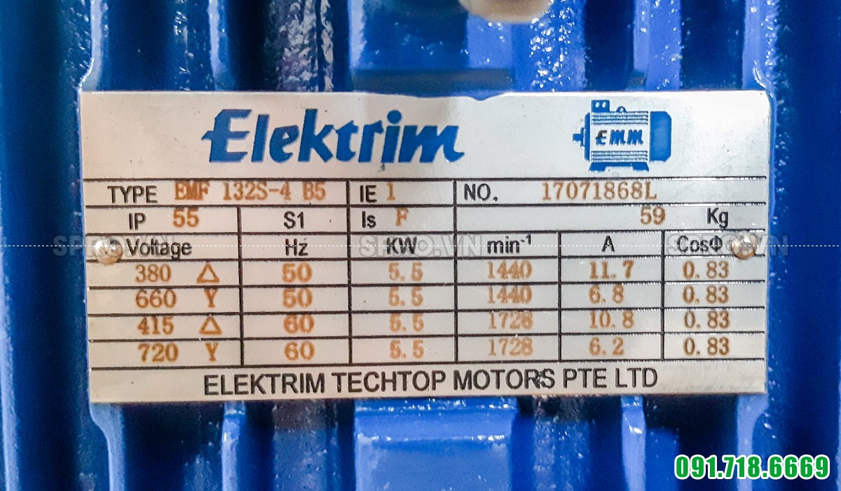Thông số động cơ điện motor Elektrim EM132S-4 3 pha công suất 7.5 HP