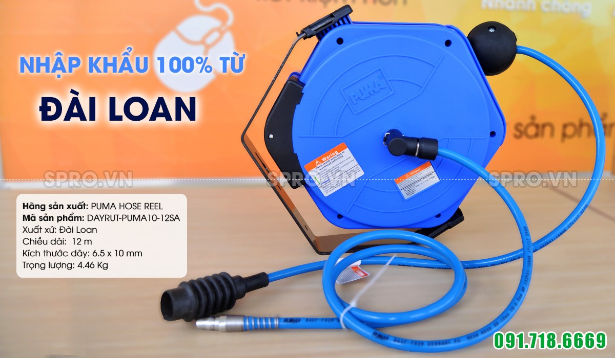 Cuộn dây hơi ròng rọc tự rút vỏ nhựa 12m PUMA PM10-12SA Đài Loan