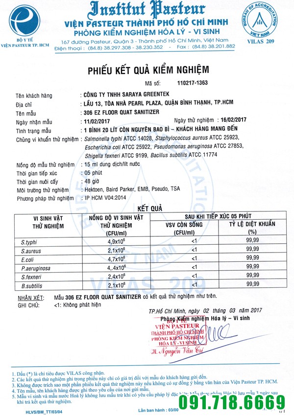 giấy kiểm nghiệm viện Pasteur chất diệt khuẩn nhà cửa Kenotek 306 EZC