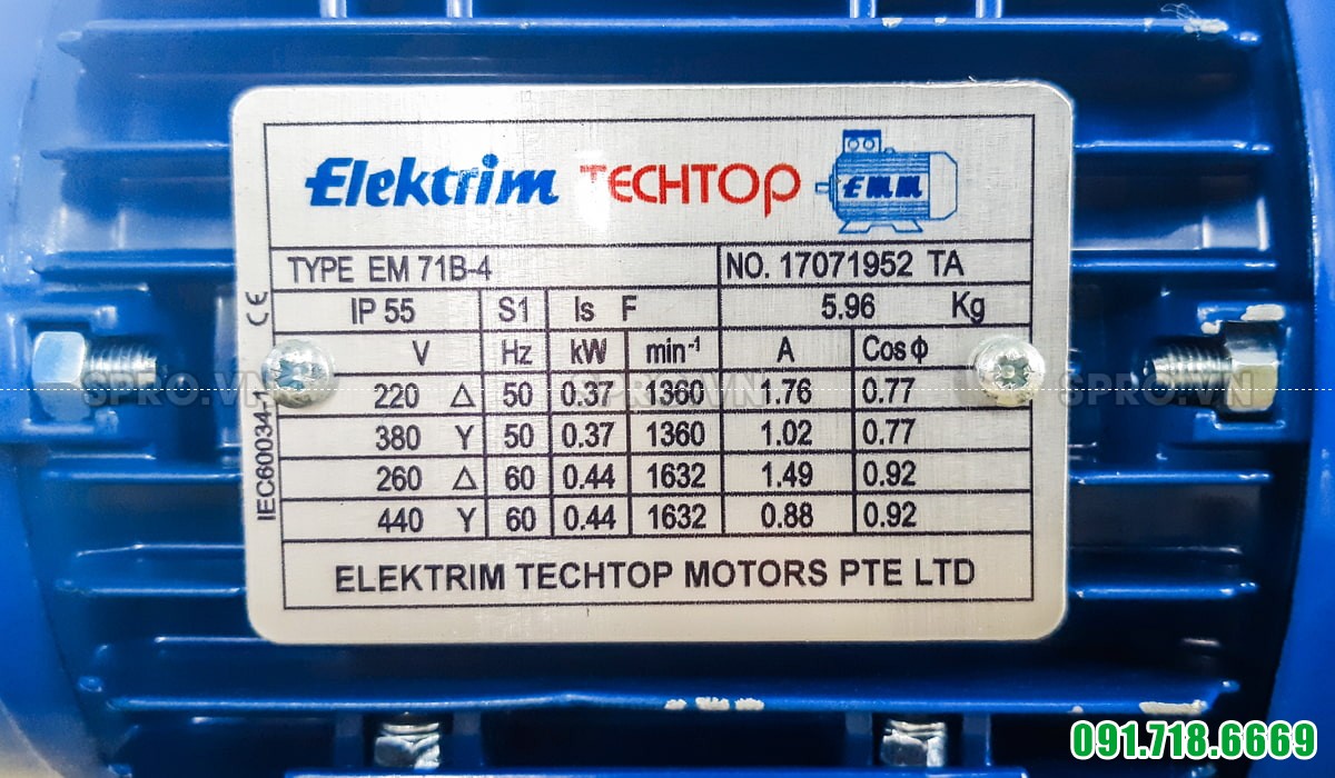 Thông số động cơ điện motor Elektrim EM71B-4 3 pha công suất 0.5 HP