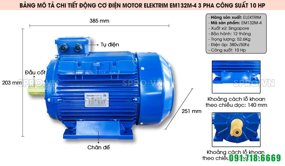 Cấu tạo động cơ điện motor Elektrim EM132M-4 3 pha công suất 10 HP