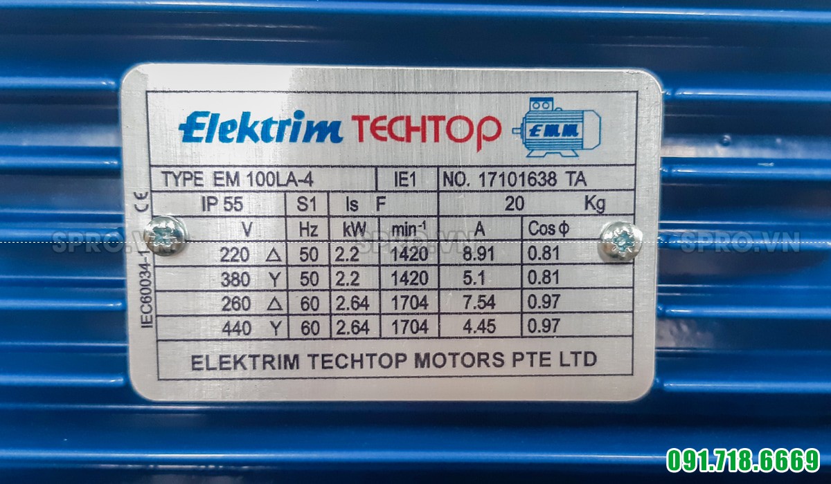 Thông số động cơ điện motor Elektrim EM100LA-4 3 pha công suất 3 HP