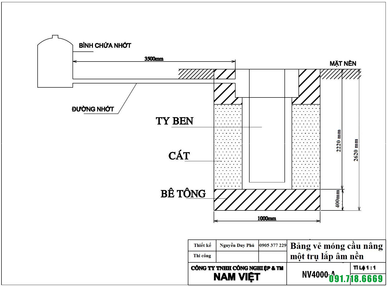 bản vẽ móng cầu nâng 1 trụ NV4000-A