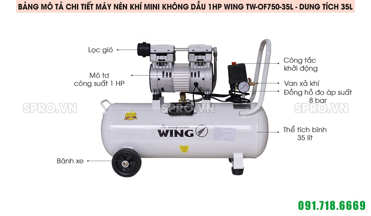 Máy nén khí mini không dầu 1HP Wing TW-OF750-35L - Dung tích 35L