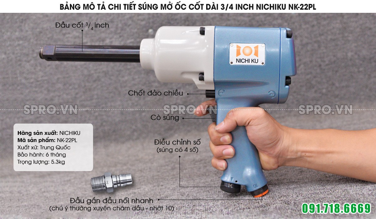 Súng xiết bu lông 3/4 inch Nichi Ku NK-22P hay súng mở ốc khí nén 