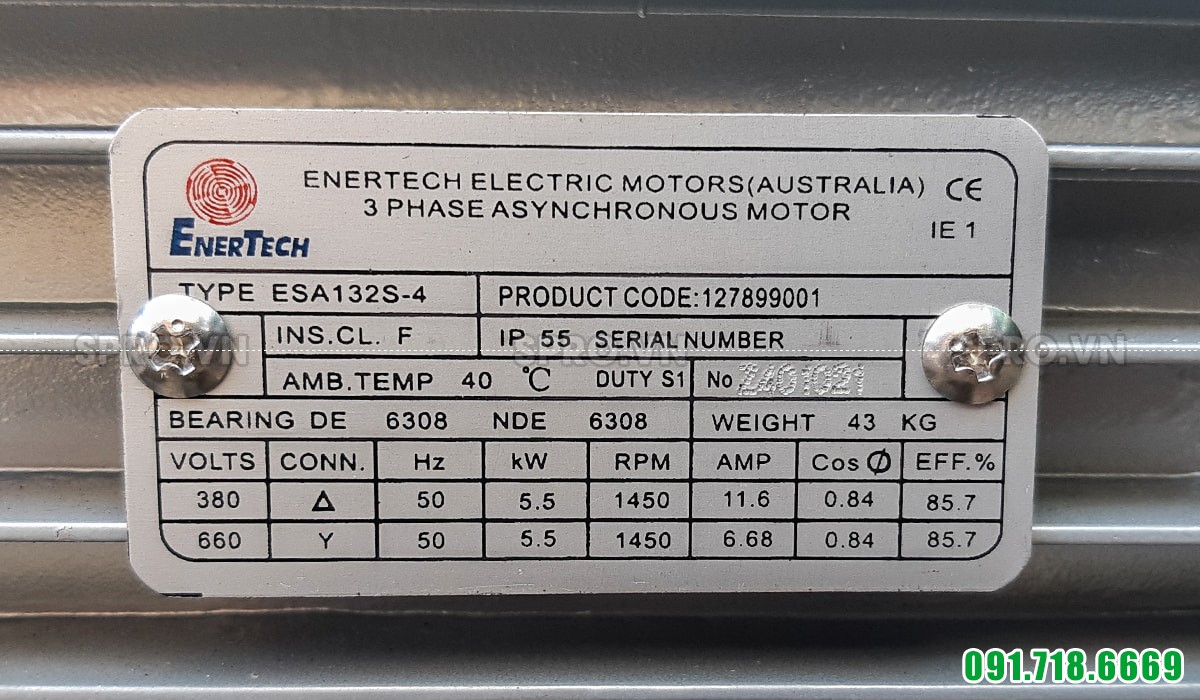 Thông số động cơ mô tơ điện Enertech ESA132S-4 3 pha công suất 7.5hp