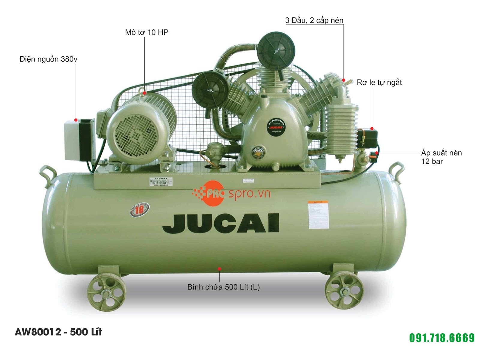 Máy nén khí Jucai 10HP 2 cấp AW80012 - Dung tích bình chứa 500L