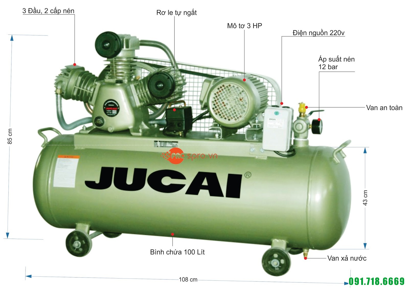 Máy nén khí jucai 3HP 2 cấp AW20012S - Dung tích 100 Lít