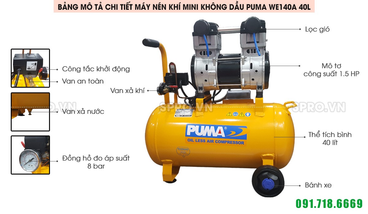 Máy nén khí mini không dầu 1.5HP Puma WE140A bình 40L