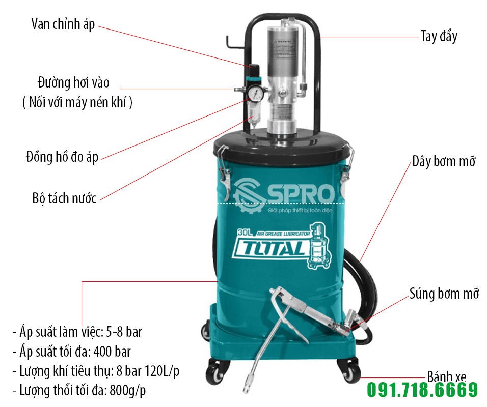 Máy bơm mỡ bằng khí nén TOTAL THT118302 - Dung tích 30L