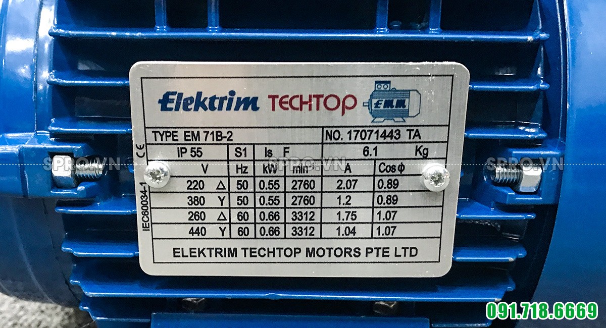 Thông số động cơ điện motor Elektrim EM71B-2 3 pha công suất 0.75 HP