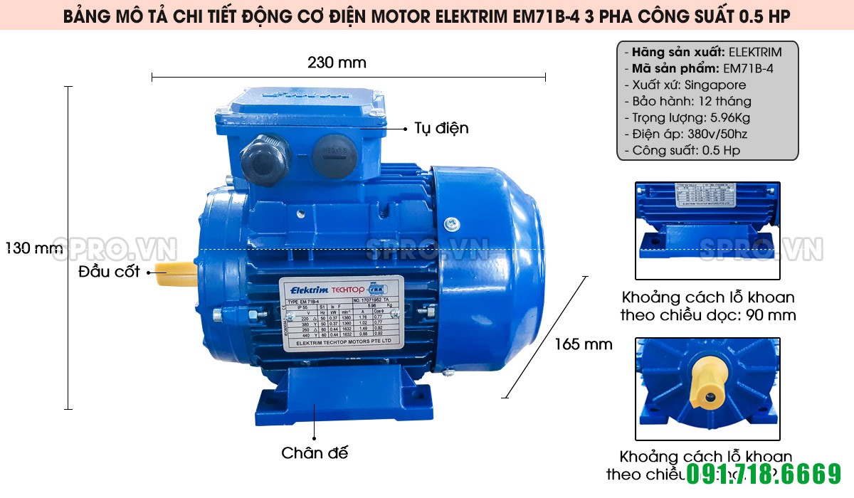 Cấu tạo động cơ điện motor Elektrim EM71B-4 3 pha công suất 0.5 HP