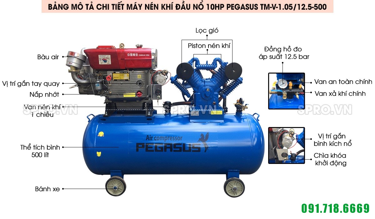 Máy nén khí đầu nổ 10HP PEGASUS TM-V-1.05/12.5-500L chạy bằng dầu diesel