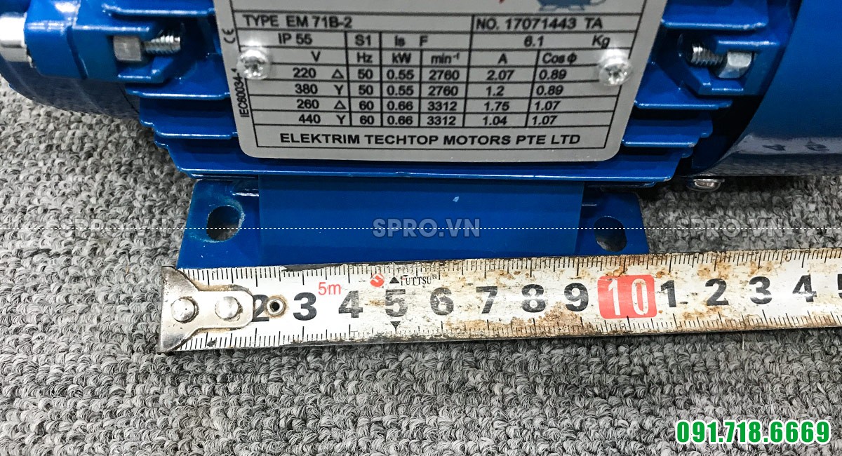 Kích thước chân đế động cơ điện motor Elektrim EM71B-2 3 pha công suất 0.75 HP