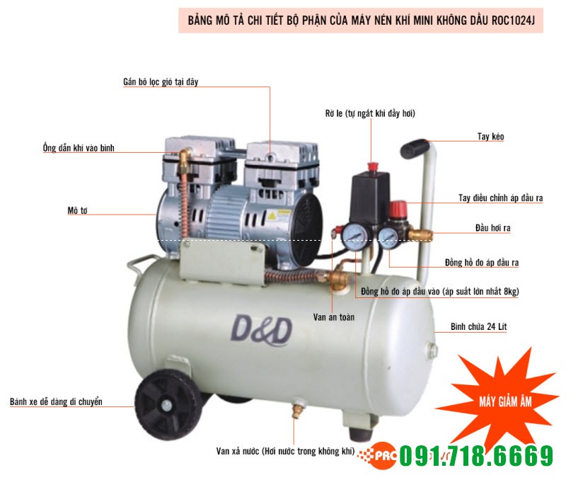 Máy nén khí mini không dầu D&D ROC24J