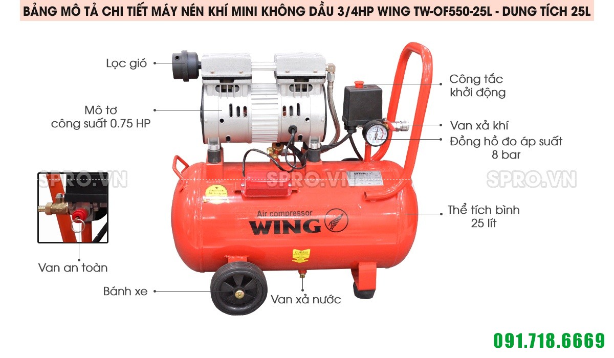 Máy nén khí mini không dầu 3/4HP Wing TW-OF550-25L - Dung tích 25L