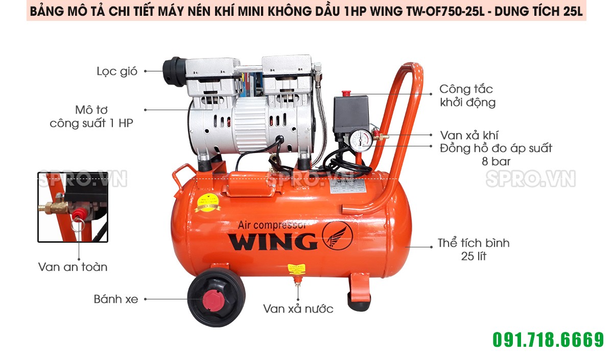 Máy nén khí không dầu giảm âm 1HP Wing TW-OF750-25L - Dung tích 25L