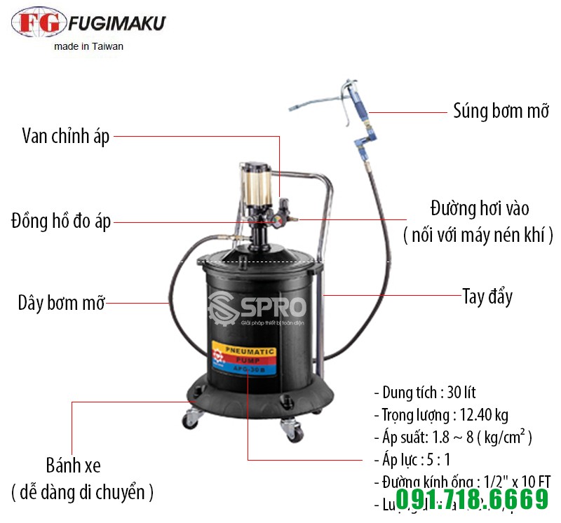Máy bơm mỡ bằng khí nén APO-30B - Dung tích 30L