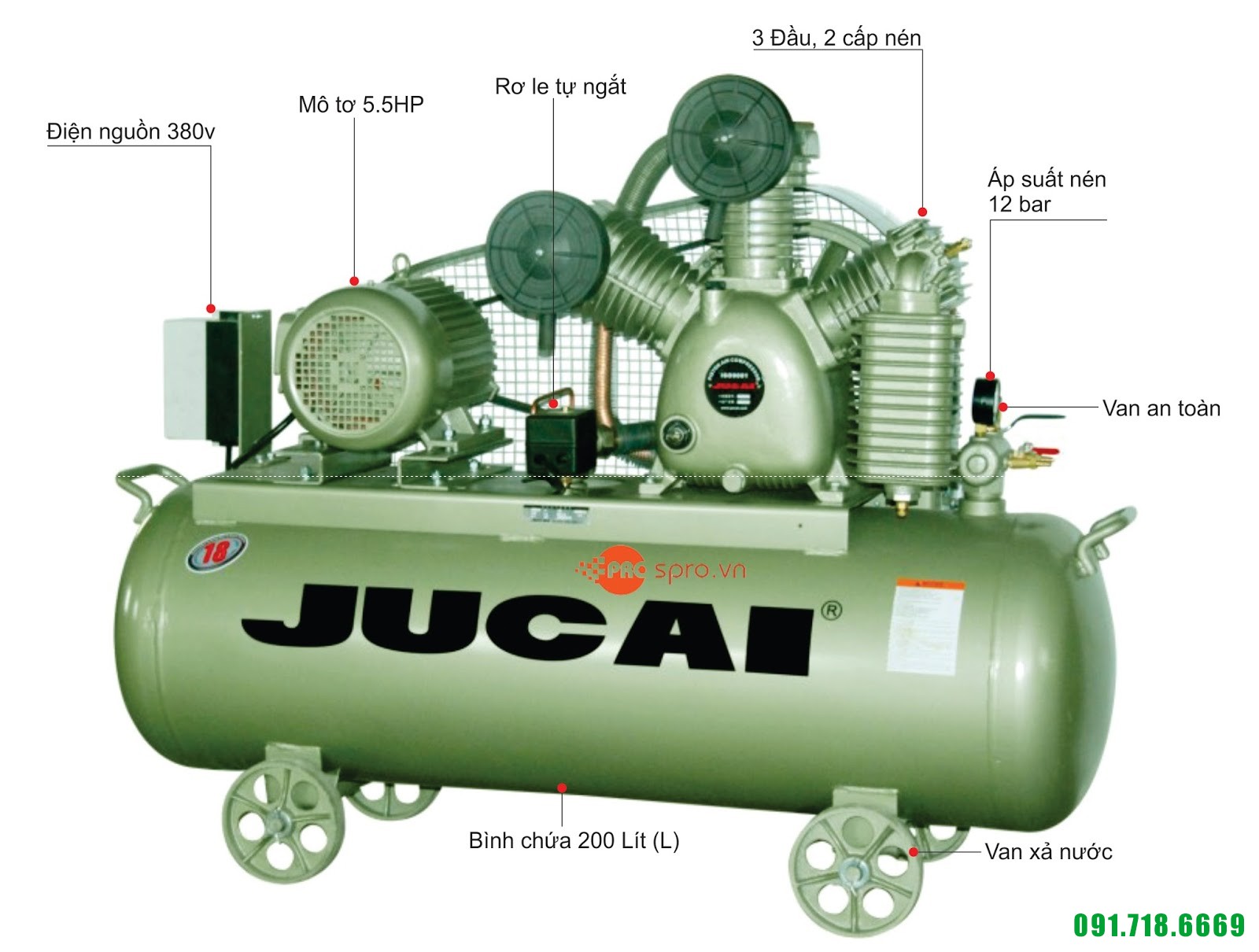 Máy nén khí Jucai 5.5hp 2 cấp AW40012 - Dung tích 200 Lít