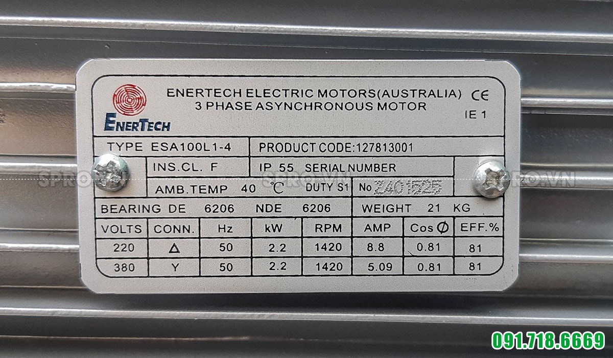 Thông số động cơ mô tơ điện Enertech ESA100L1-4 3 pha công suất 3hp