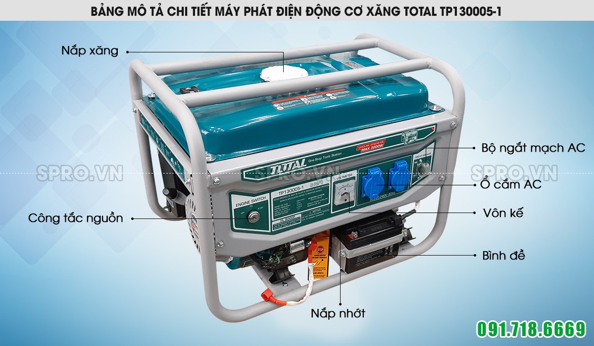 Mô tả máy phát điện chạy xăng Total TP130005-1