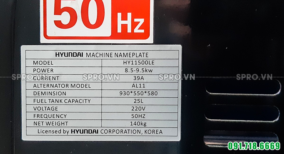 Thông số máy phát điện chạy xăng Hyundai 9.5kw HY11500LE
