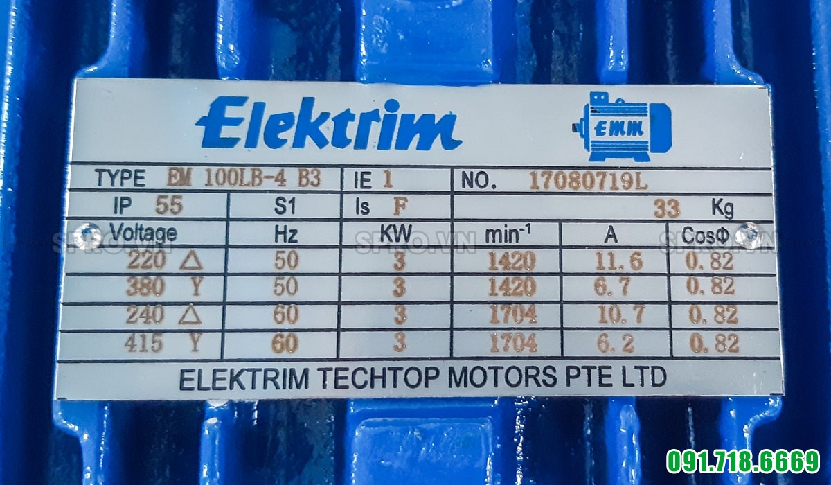 ​Thông số động cơ điện motor Elektrim EM100LB-4 3 pha công suất 4 HP