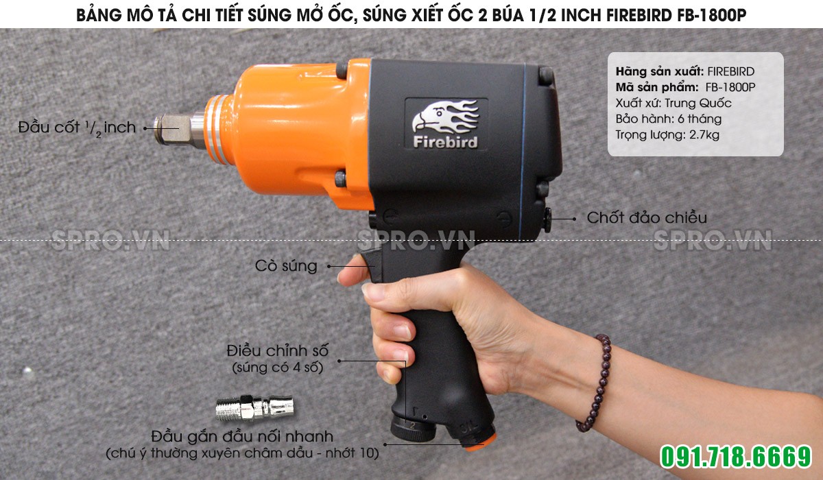 Súng xiết ốc 2 búa 1/2 inch Firebird FB-1800P