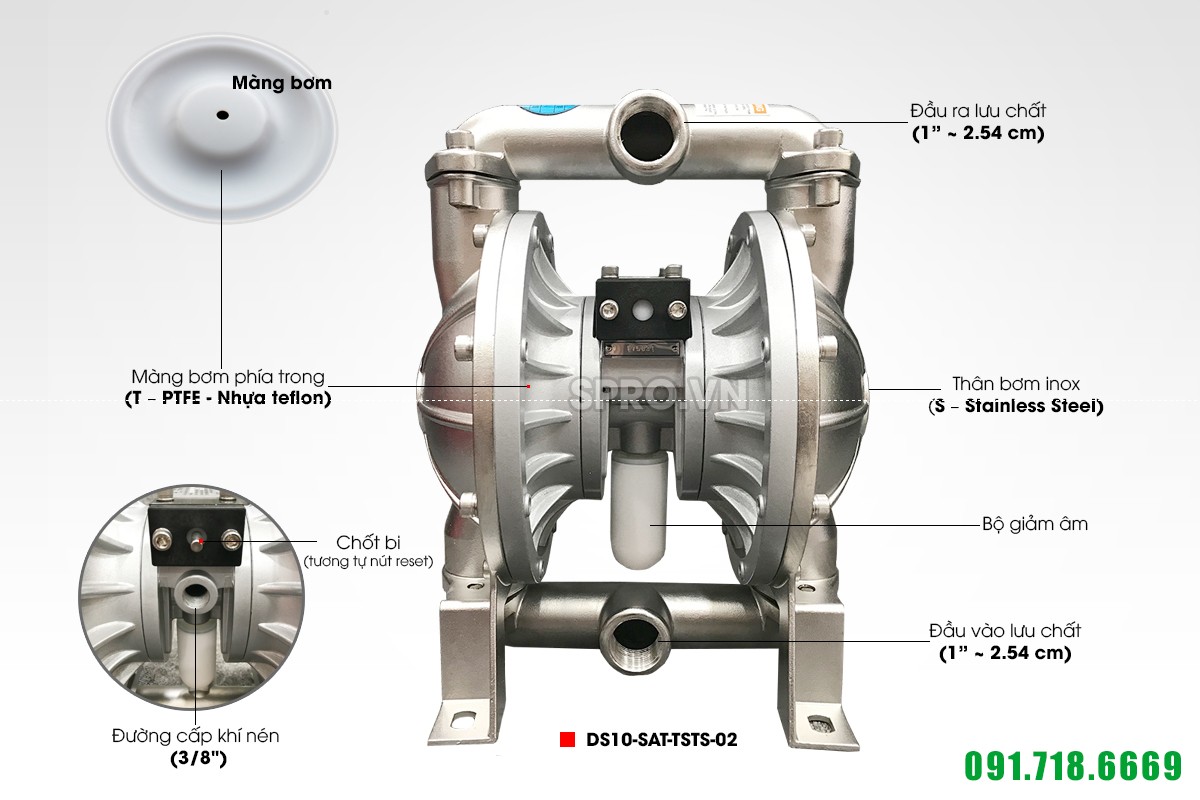 Máy bơm màng thực phẩm cao cấp với thân làm từ Inox và màng teflon