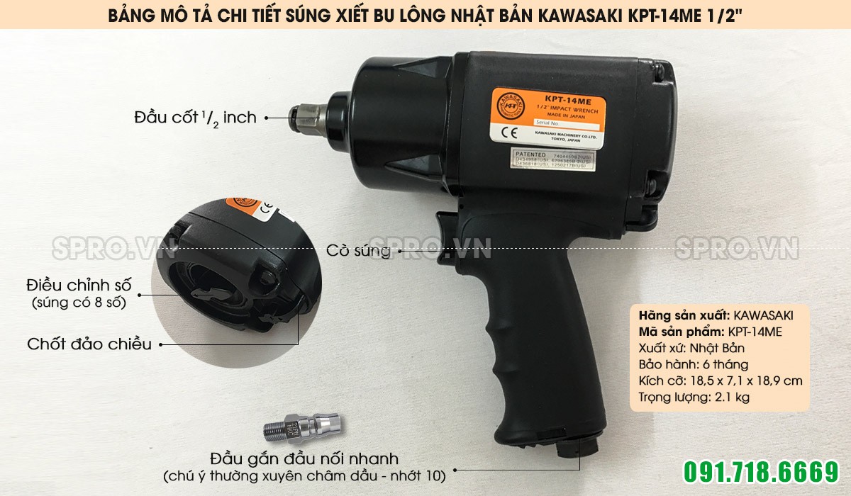 mô tả súng bắn bu lông xe máy kawasaki kpt-14ME 1/2 inch nhật bản