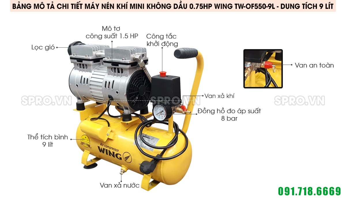 Máy nén khí mini không dầu 0.75HP Wing TW-OF550-9L - Dung tích 9 Lít