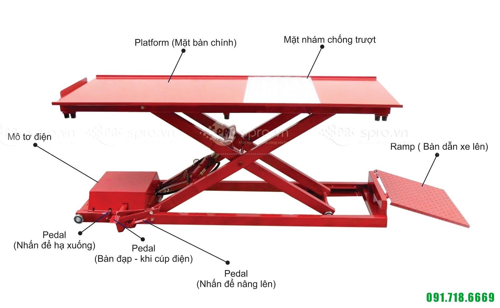 Bàn nâng điện và đạp chân T250E, bàn nâng sửa xe bề mặt chống trượt