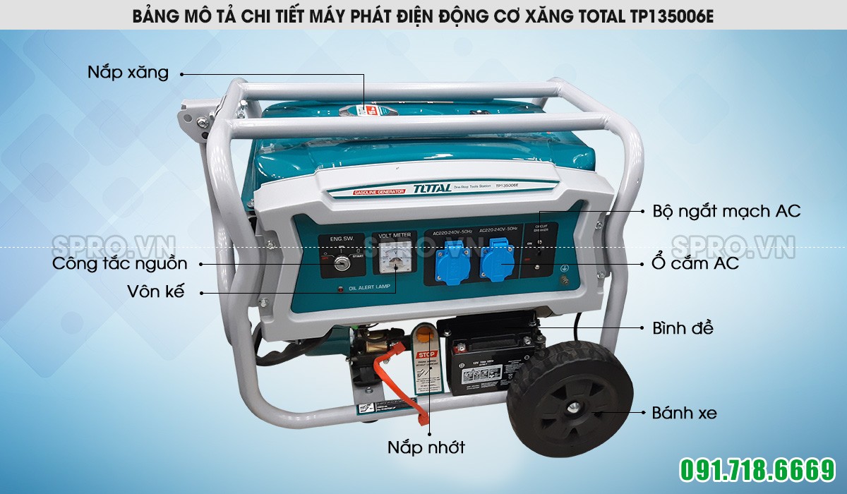 Mô tả máy phát điện chạy xăng Total TP135006E
