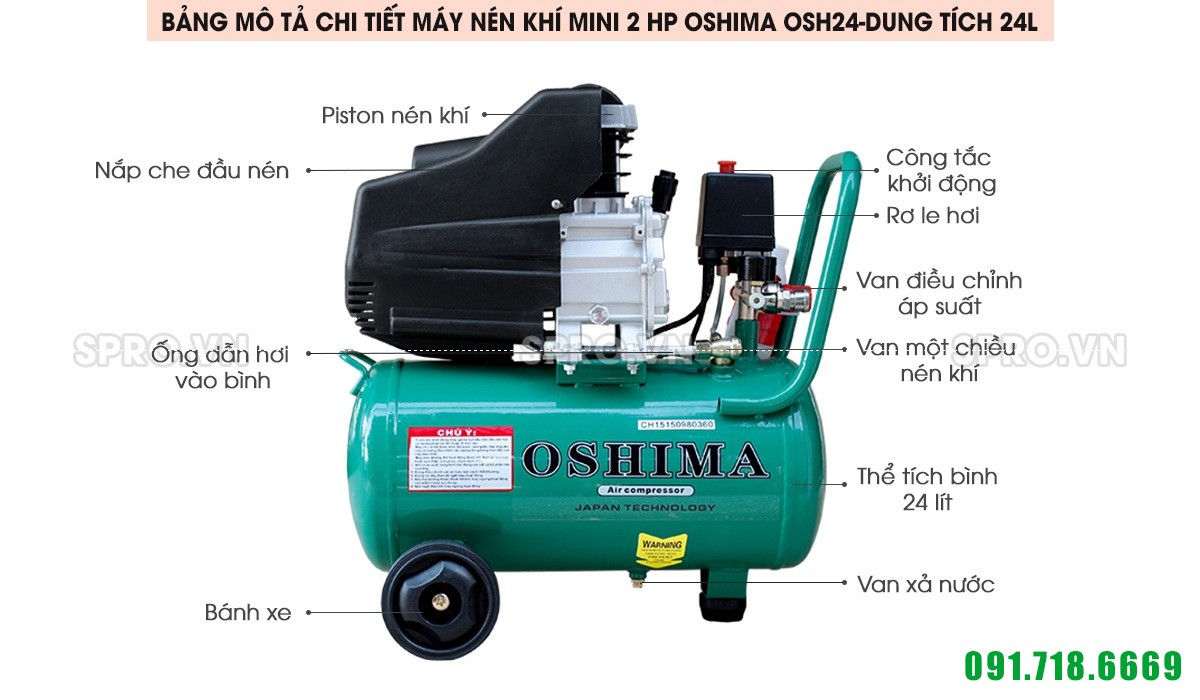 máy nén khí, máy bơm hơi mini oshima công suất 2hp, dung tích 24L
