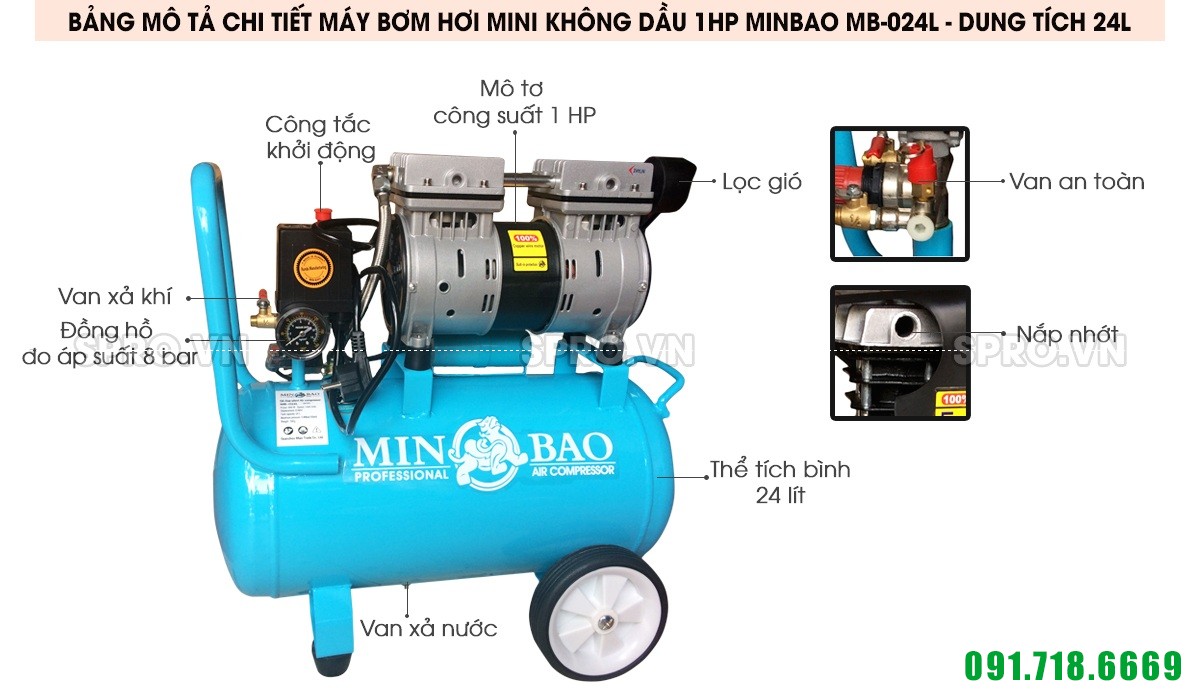 Máy bơm hơi mini không dầu 1HP Minbao MB-024L - Dung tích 24L