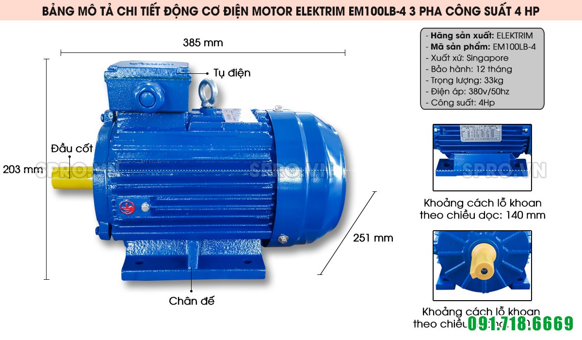 Cấu tạo động cơ điện motor Elektrim EM100LB-4 3 pha công suất 4 HP