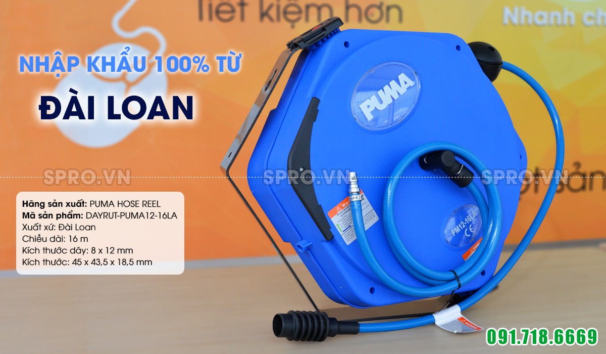 Cuộn dây hơi ròng rọc vỏ nhựa tự rút PUMA PM12-16LA dài 16 m Đài Loan
