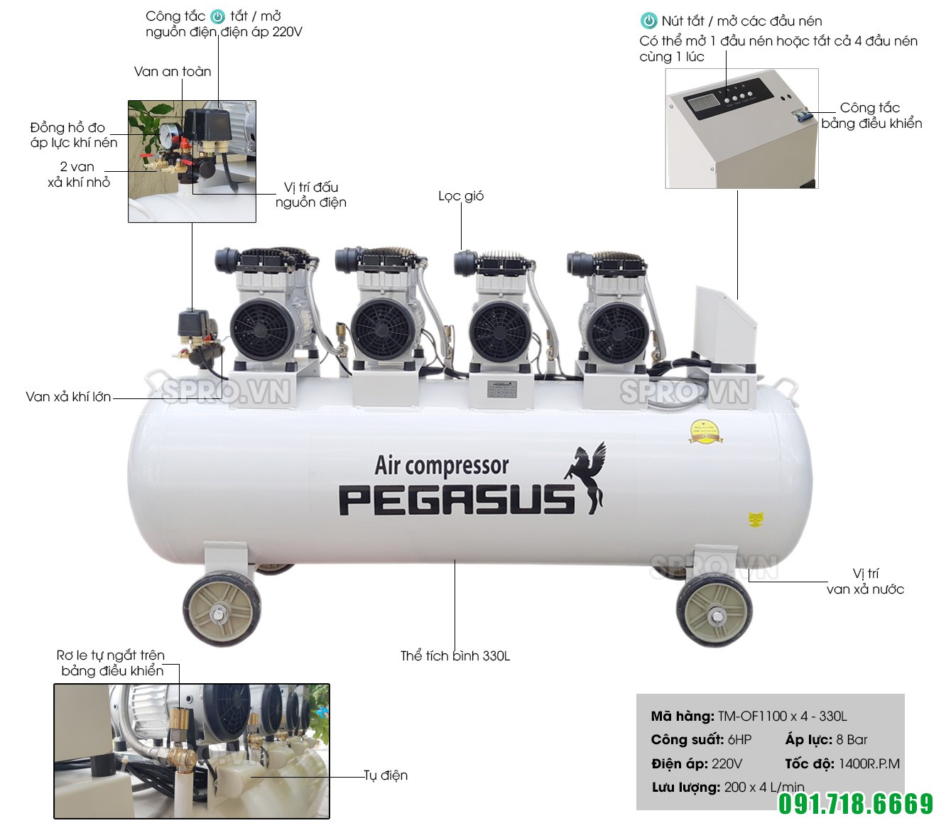 Máy nén khí Pegasus không dầu TM-OF1100 - Dung tích 3300L